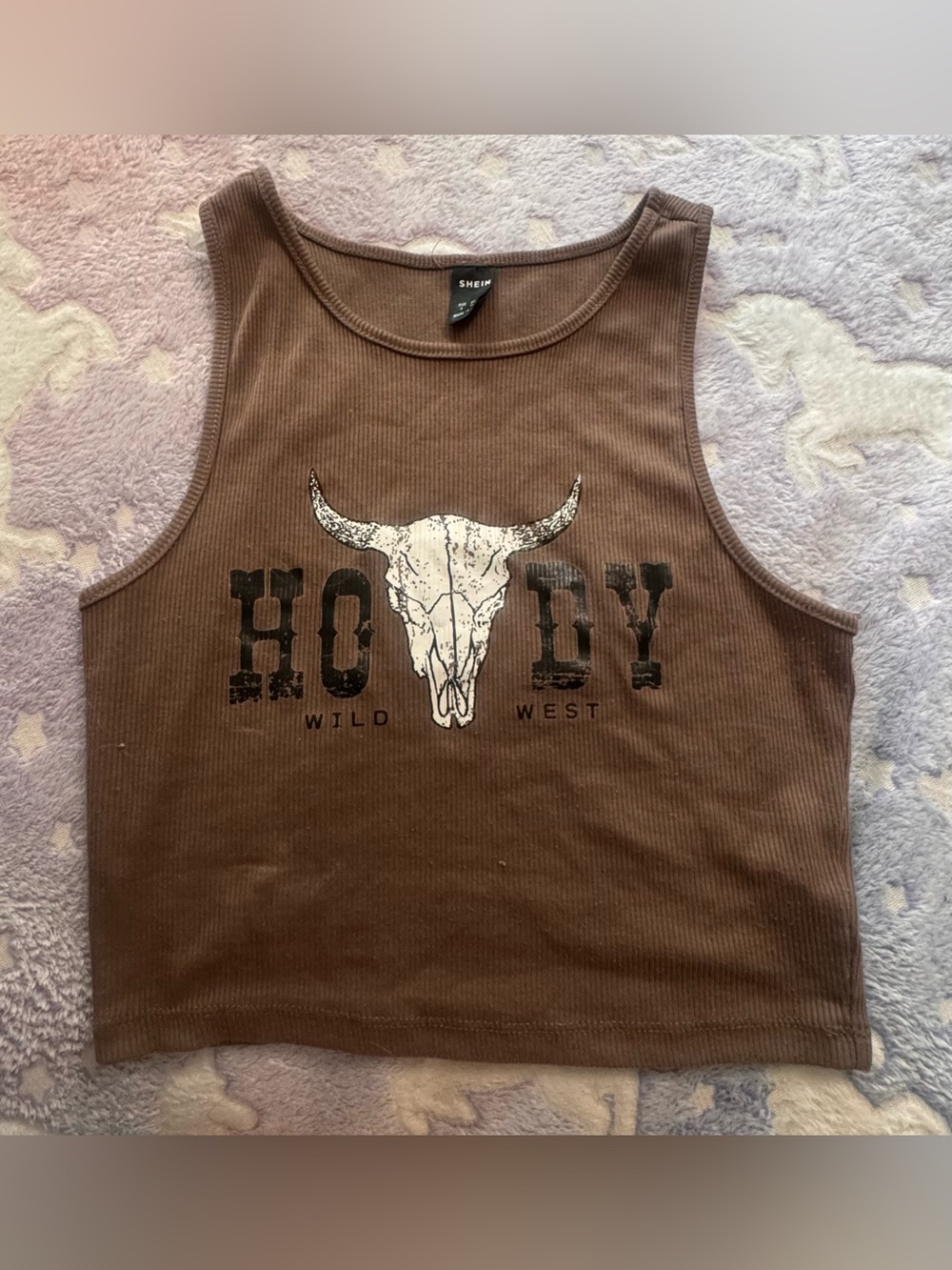 SHEIN Brown Ribbed Crop Tank with Western Skull Print